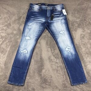 DASH Denim Mens Distressed Whiskered Straight Leg Jeans 40x32 Blue Indigo